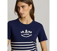 Lauren Ralph Women's Striped Embroidered Logo Crewneck T-Shirt