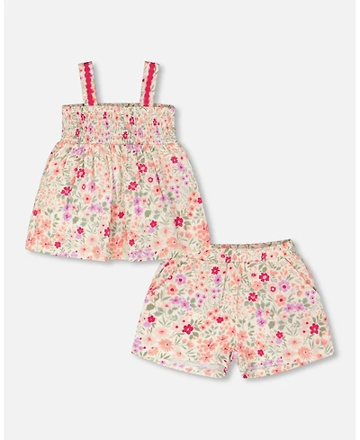 Deux par Deux Big Girls Tank Top with Smocking and Shorts Set in Muslin Off White Printed Flowers