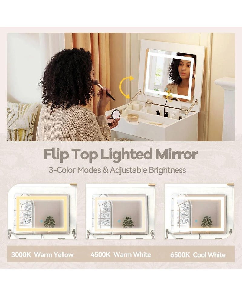 Volenca 3-in-1 Small Vanity Set with Flip-Top Lighted Mirror, Drawers, and Stool