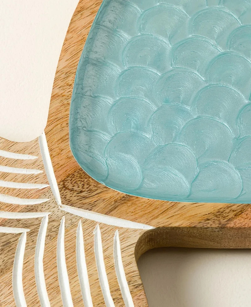 Uncommon Goods Seaside Fish-Shaped Acacia Wood & Enamel Serving Platter