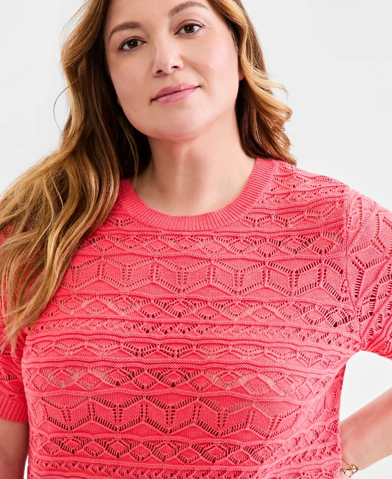 Style & Co Plus Short-Sleeve Cotton Pointelle Sweater, Macy's Exclusive