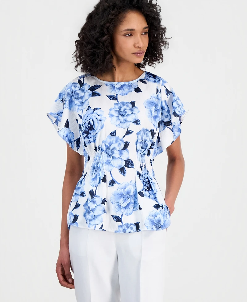 Anne Klein Women's Flutter-Sleeve Smocked-Waist Floral Top