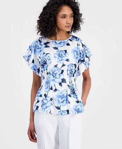 Anne Klein Women's Flutter-Sleeve Smocked-Waist Floral Top