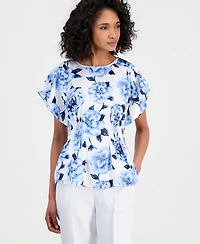 Anne Klein Women's Flutter-Sleeve Smocked-Waist Floral Top