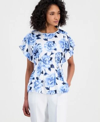 Anne Klein Womens Flutter Sleeve Smocked Waist Floral Top