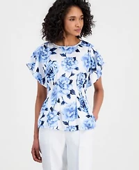 Anne Klein Womens Flutter Sleeve Smocked Waist Floral Top