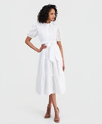 Anne Klein Women's Puff-Sleeve Midi Eyelet Shirtdress