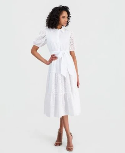 Anne Klein Womens Puff Sleeve Midi Eyelet Shirtdress