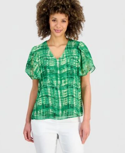 Kasper Womens Plaid Tulip Sleeve Blouse
