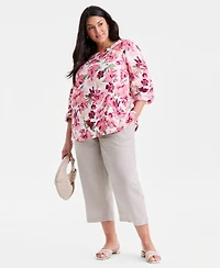 Charter Club Plus Linen Floral-Print 3/4-Sleeve Blouse, Macy's Exclusive