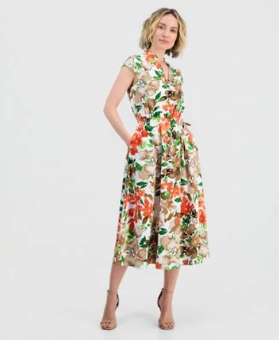 Kasper Womens Cap Sleeve Drawstring Midi Dress