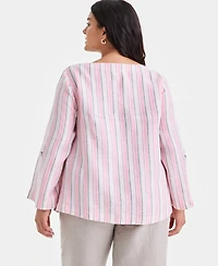 Charter Club Plus Linen Multi-Stripe Roll-Tab-Sleeve Top, Macy's Exclusive