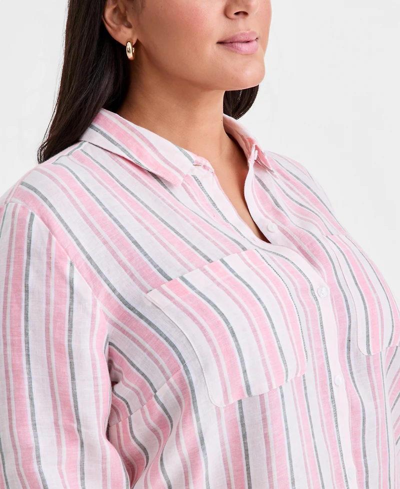Charter Club Plus Linen Multi-Stripe Button-Front Shirt, Macy's Exclusive