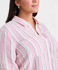 Charter Club Plus Linen Multi-Stripe Button-Front Shirt, Macy's Exclusive