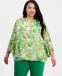 Kasper Plus Printed Boat-Neck Ruffle-Sleeve Blouse