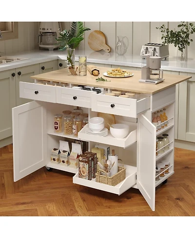gaomon Rolling Kitchen Island with Drop Leaf Countertop, Charging Station & Ample Storage- 47.2 in Mobile Kitchen Cart On Wheels with Pull-Out Shelves