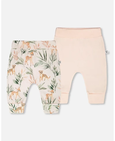 Deux par Baby Girls 2 Pack Cotton Jersey Evolutive Pants Peach and Deer Print