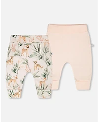 Deux par Baby Girls 2 Pack Cotton Jersey Evolutive Pants Peach and Deer Print