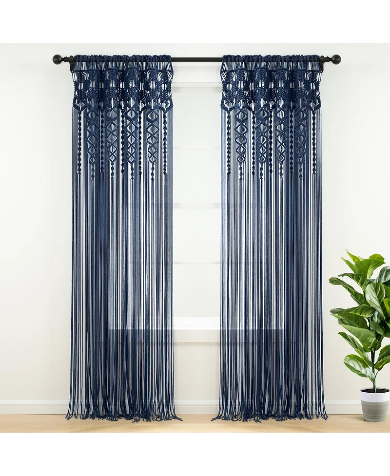 Lush Decor Boho Macrame Textured Cotton Window Curtain Panel Single 40"W x 84"L Navy