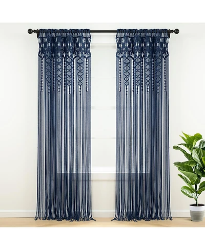 Lush Decor Boho Macrame Textured Cotton Window Curtain Panel Single 40"W x 84"L Navy