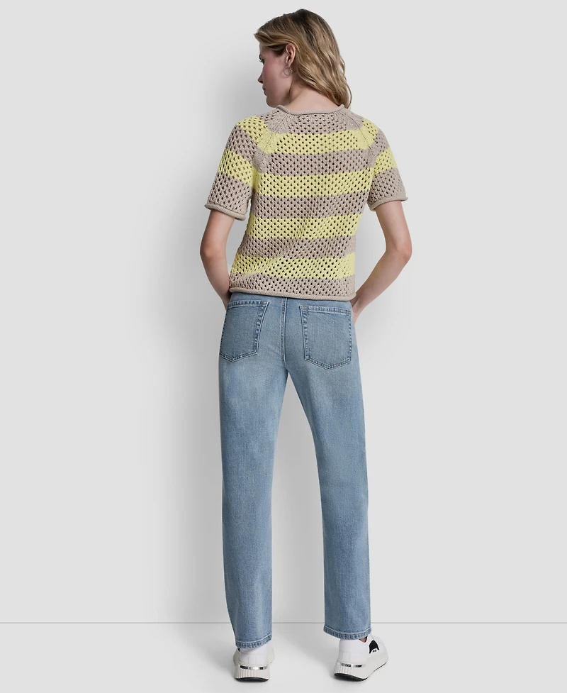 Dkny Jeans Women's Stripe Pointelle Cropped Pull-On Sweater