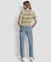 Dkny Jeans Women's Stripe Pointelle Cropped Pull-On Sweater