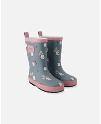 Deux par Little Girls Rain Boots Natural Rubber Green Cat Print