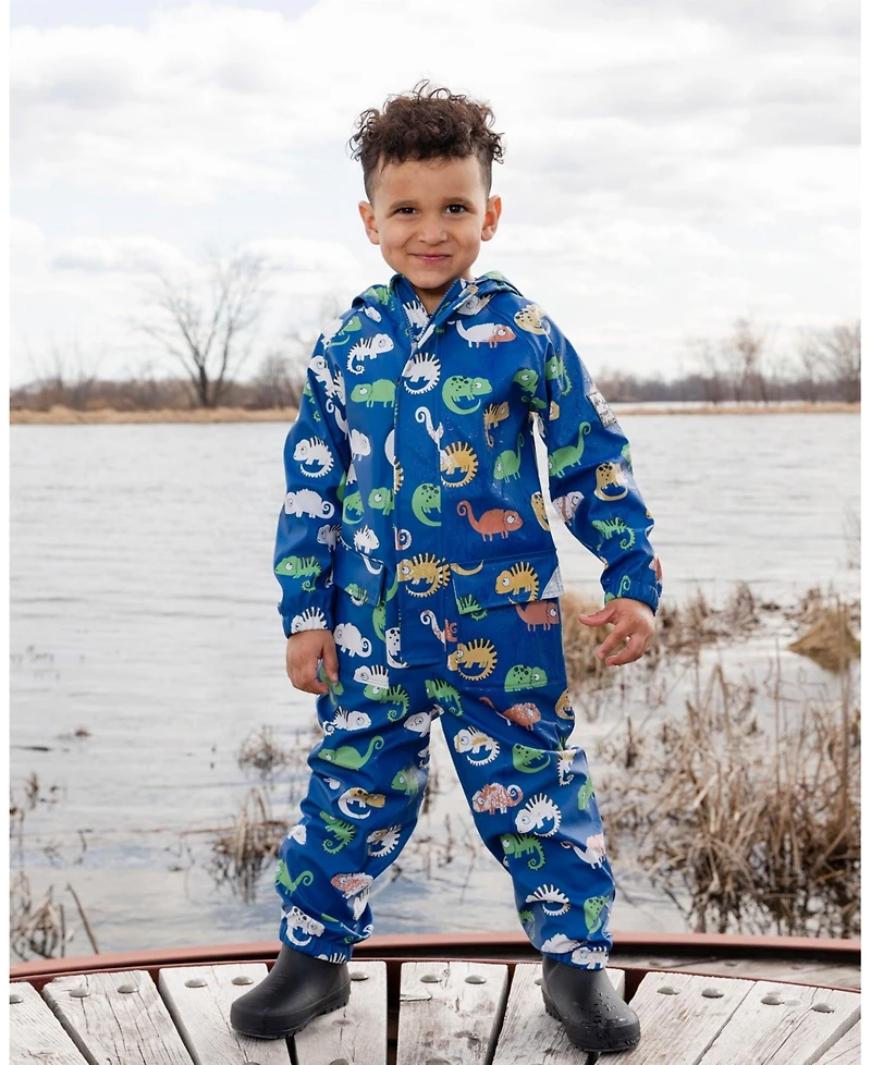 Deux par Toddler Boys Rain One-Piece Polyurethane Blue Chameleon Print