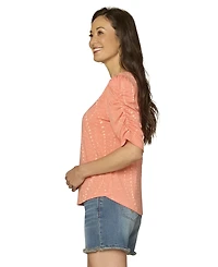 Democracy Petite Printed Ruched-Sleeve Scoop-Neck Top