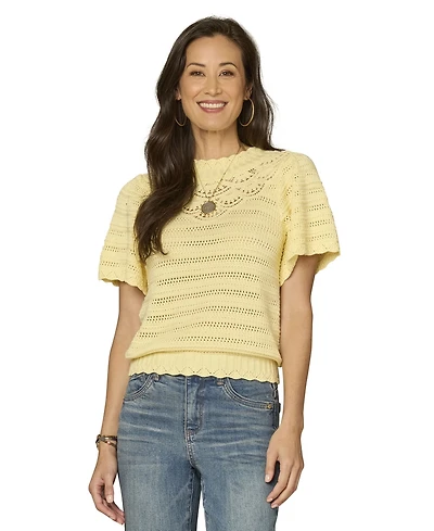 Democracy Petite Flutter Crochet Yoke Sweater