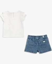 7 For All Mankind Baby Girls' Ruffle Sleeve Top and Bow Detailed Shorts, 2-Piece Set