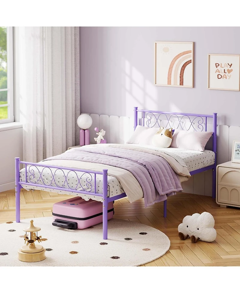 gaomon Twin Metal Platform Bed with Purple Heart Headboard and Footboard, Underbed Storage, Sturdy Frame