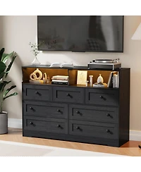 gaomon 7-Drawer Dresser with Led Lights & Charging Station, Wooden Chest with Open Storage for Bedroom