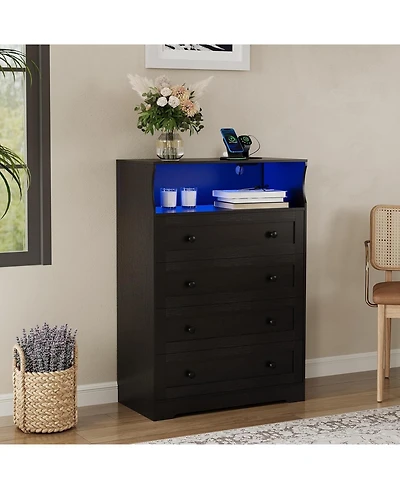 gaomon 4-Drawer Wooden Dresser with Led Lights & Charging Station