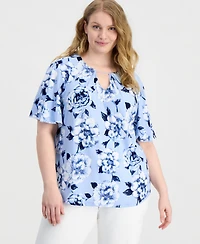 Anne Klein Plus Keyhole-Neck Short-Sleeve Top