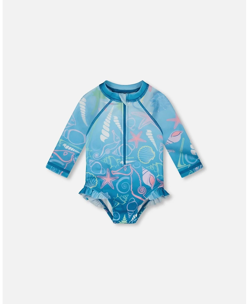 Deux par Deux Baby Girls One-Piece Long Sleeve Rashguard Blue Shell Print