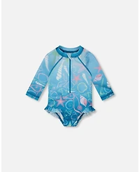 Deux par Deux Baby Girls One-Piece Long Sleeve Rashguard Blue Shell Print