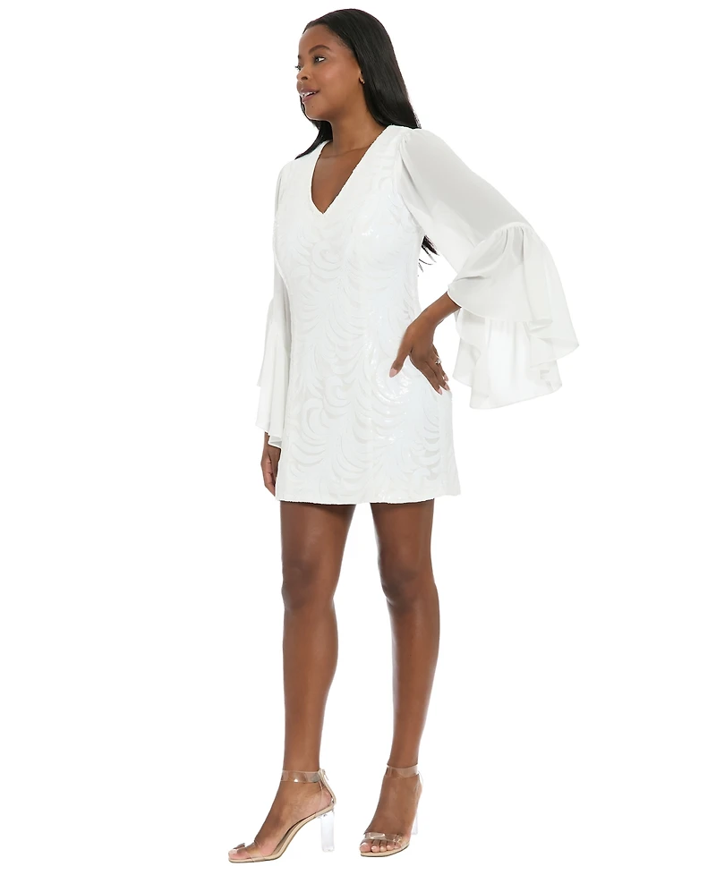 ivy + blu Women's Sheer Flounce Sleeve V-Neck Mini Dress