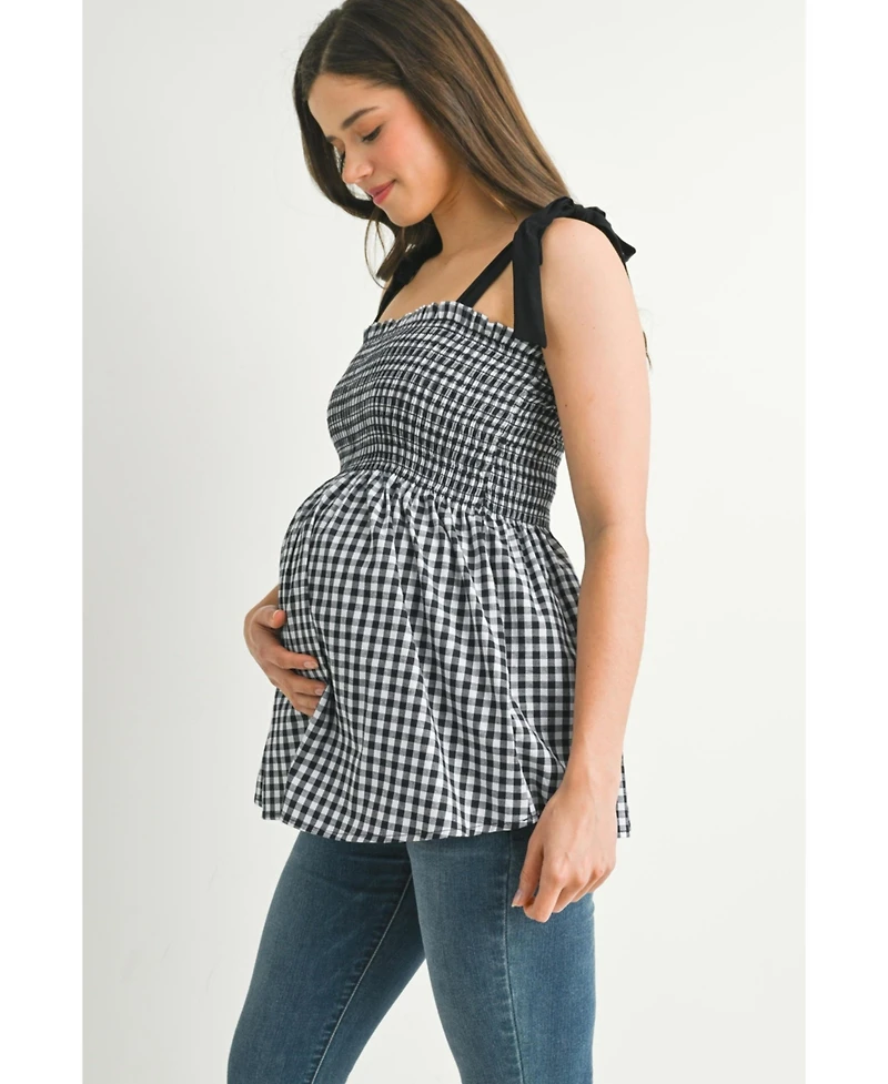 Hello Miz Women's Maternity Smocked Gingham Tie-Strap Sleeveless Top