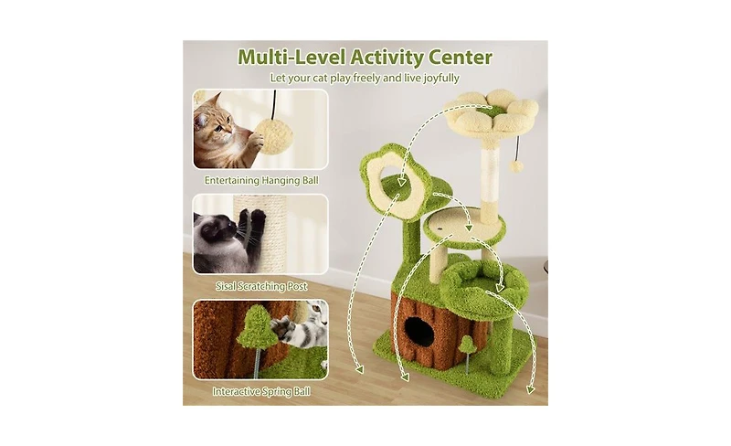 Aostirmotor Machine-Washable Cat Tree with Jungle Theme, 40-Inch Featuring Removable Peach Skin Cover, Sisal Scratching Post & Interactive Toys