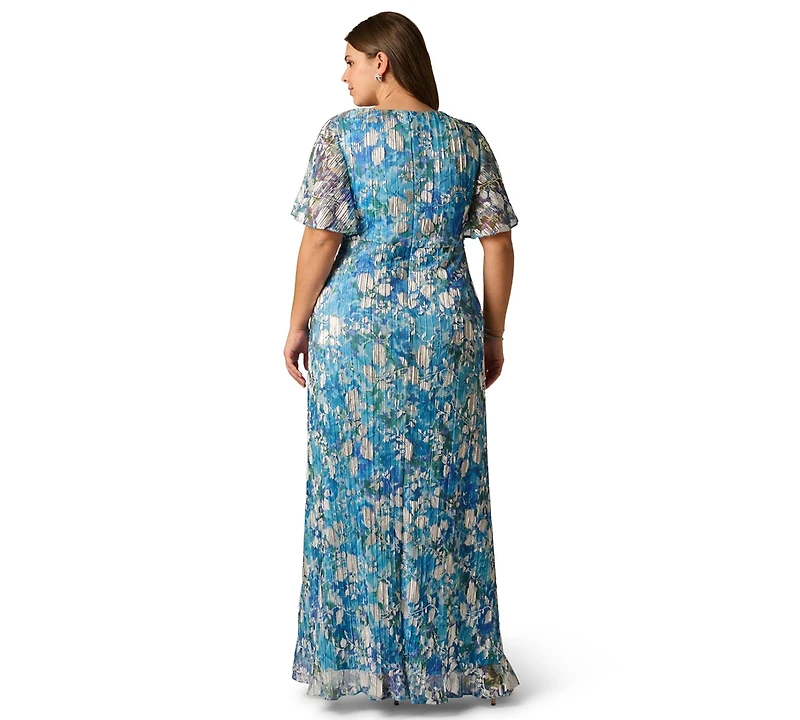 Adrianna Papell Plus V-Neck Foil Crinkle Ball Gown