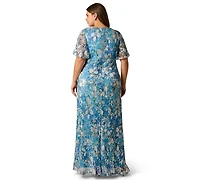 Adrianna Papell Plus V-Neck Foil Crinkle Ball Gown