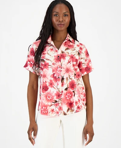 Anne Klein Essentials Petite Printed Short-Sleeve Button-Front Shirt