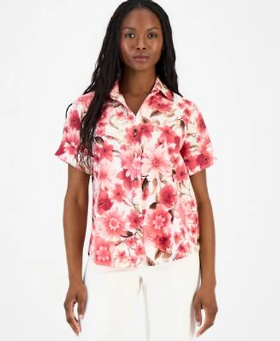 Anne Klein Essentials Petite Printed Short Sleeve Button Front Shirt