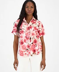 Anne Klein Essentials Petite Printed Short Sleeve Button Front Shirt