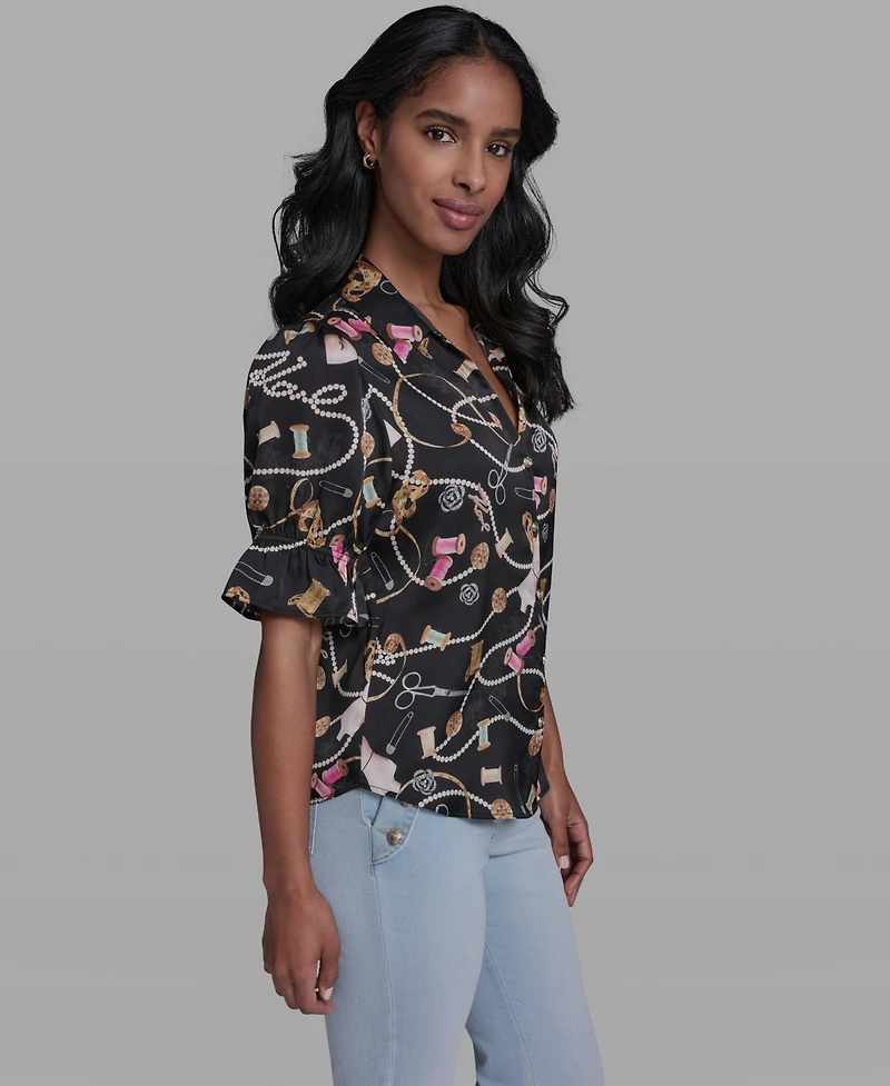 Karl Lagerfeld Paris Women's All-Over Printed Button Front Blouse