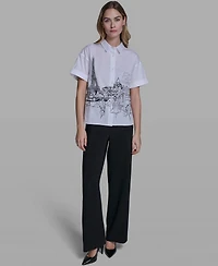 Karl Lagerfeld Paris Women's Collared Short-Sleeve Poplin Shirt