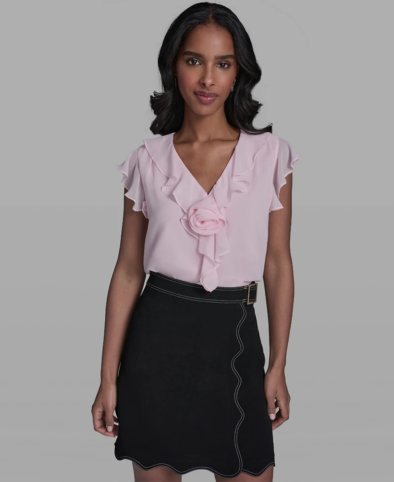 Karl Lagerfeld Paris Women's Ruffle Rosette Trim V-Neck Blouse