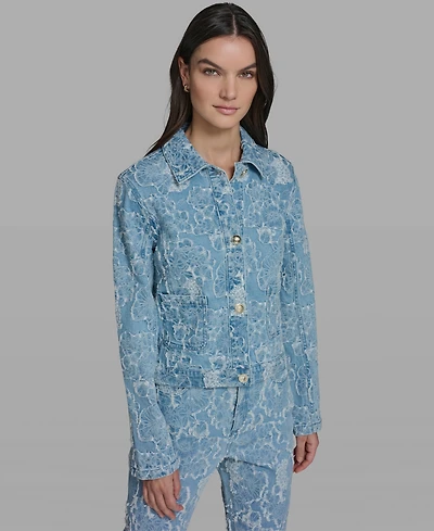 Karl Lagerfeld Paris Women's Collared Long-Sleeve Floral Print Denim Jacket