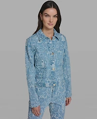 Karl Lagerfeld Paris Women's Collared Long-Sleeve Floral Print Denim Jacket